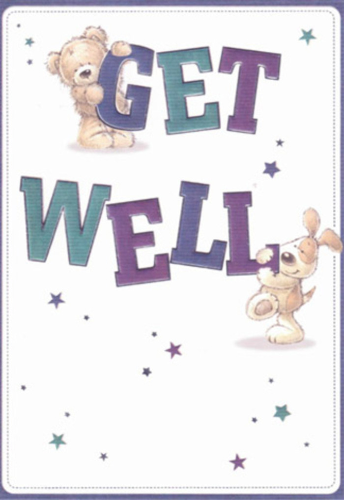 This get well card celebrates uplifting encouragement through cheery, thoughtfully illustrated characters-a sweet teddy bear and a playful pup-set amid a constellation of starbursts that seem to spread wishes of healing across a pure white canvas. The oversized, flowing letters in varying shades of purple and aqua ground the design, exuding the bold confidence and established style of Soho's artistic enclaves. There's a tactile richness in the artwork: the bear's plush texture and the puppy's floppy, velvety ears nearly pop from the imagery, similar to the sensory delight of a fresh arrangement gathered by Flowers Soho florists. Every detail, from the confident script to the joyful interaction between the animals, is placed as deliberately as a rose or ranunculus in a Soho bouquet-calling to mind the warmth of a supportive embrace delivered to a loved one near Wardour Street. The overall feeling is one of buoyant encouragement and genuine community care, perfect for uplifting spirits regardless of age or circumstance.