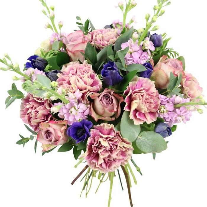 Captured against a neutral white background, this hand-tied bouquet showcases a carefully balanced palette of pinks, purples and blues that would feel at home in a Soho gallery window. At the heart of the composition, large garden roses in muted blush, dusty mauve and antique rose tones open into luxurious spirals, their velvety petals layered tightly to form a romantic focal point. Nestled around them, frilled carnations introduce both texture and tonal variation, their petals moving from creamy and beige near the centre to blush and deeper rose hues at the edges, creating a soft, cloud-like fullness. Breaking through these gentle shades are dramatic flourishes of deep colour: closed, tulip-like buds in intense indigo and a prominent royal blue anemone with a near-black centre near the front, adding a sense of depth and artistry. Wisps of lilac and pale lavender stock extend upwards, their slender stems lined with clusters of tiny blossoms that contribute a light, airy touch and evoke thoughts of early spring around nearby Soho Square Gardens. The outer edge of the bouquet is framed with a mix of rounded, silvery eucalyptus leaves and darker, glossy green foliage, providing both structure and contrast while hinting at a fresh, green fragrance layered with soft florals. The natural stems are bound together at the base in classic hand-tied style, clearly visible and freshly cut, suggesting that this arrangement has just left the workbench at Flowers Soho and is ready for delivery to a loft off Old Compton Street or an office near Piccadilly Circus. The bouquet radiates quiet elegance and thoughtful design, well suited to anniversaries, heartfelt thank-yous or simply brightening a creative workspace.