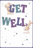 The smiling warmth of this get well card is instantly infectious-two lovable characters, a teddy bear and a floppy-eared puppy, look as if they have sprung from storybook pages right onto the creamy white card stock. They joyfully balance and hold oversized, vibrant letters spelling 'Get Well,' rendered in lively indigos and teals that radiate through the crisp background. Scattered starbursts in purples and blues shimmer across the composition, imbuing the card with the playfulness and hope that echo through Soho's theatre district. The animals' illustrated fur, plush and touchable, evokes the comfort of a handmade bouquet ready for same-day delivery by Flowers Soho to a cozy flat on Greek Street. This card isn't just a message-it's a heartfelt embrace, merging innocence with optimism, and delivering gentle encouragement to anyone convalescing amid the bustling pulse of central London.